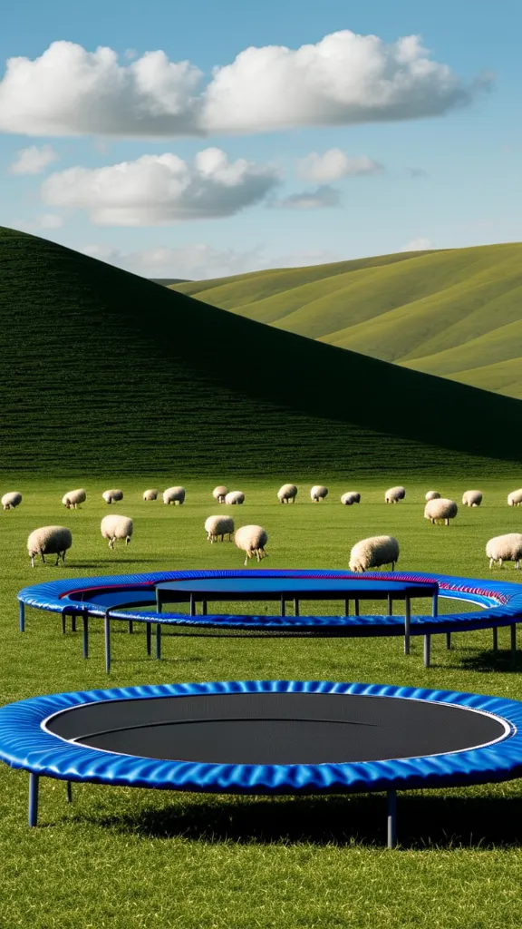 Sheep jumping on a trampoline in a field with a mountain in the background.