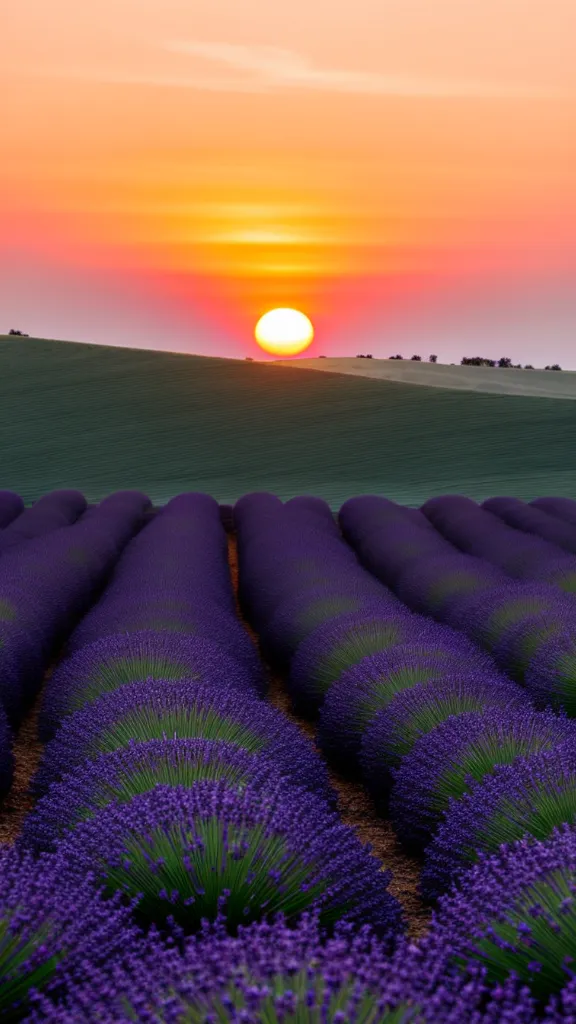 A beautiful orange sunset over a field of lavender.