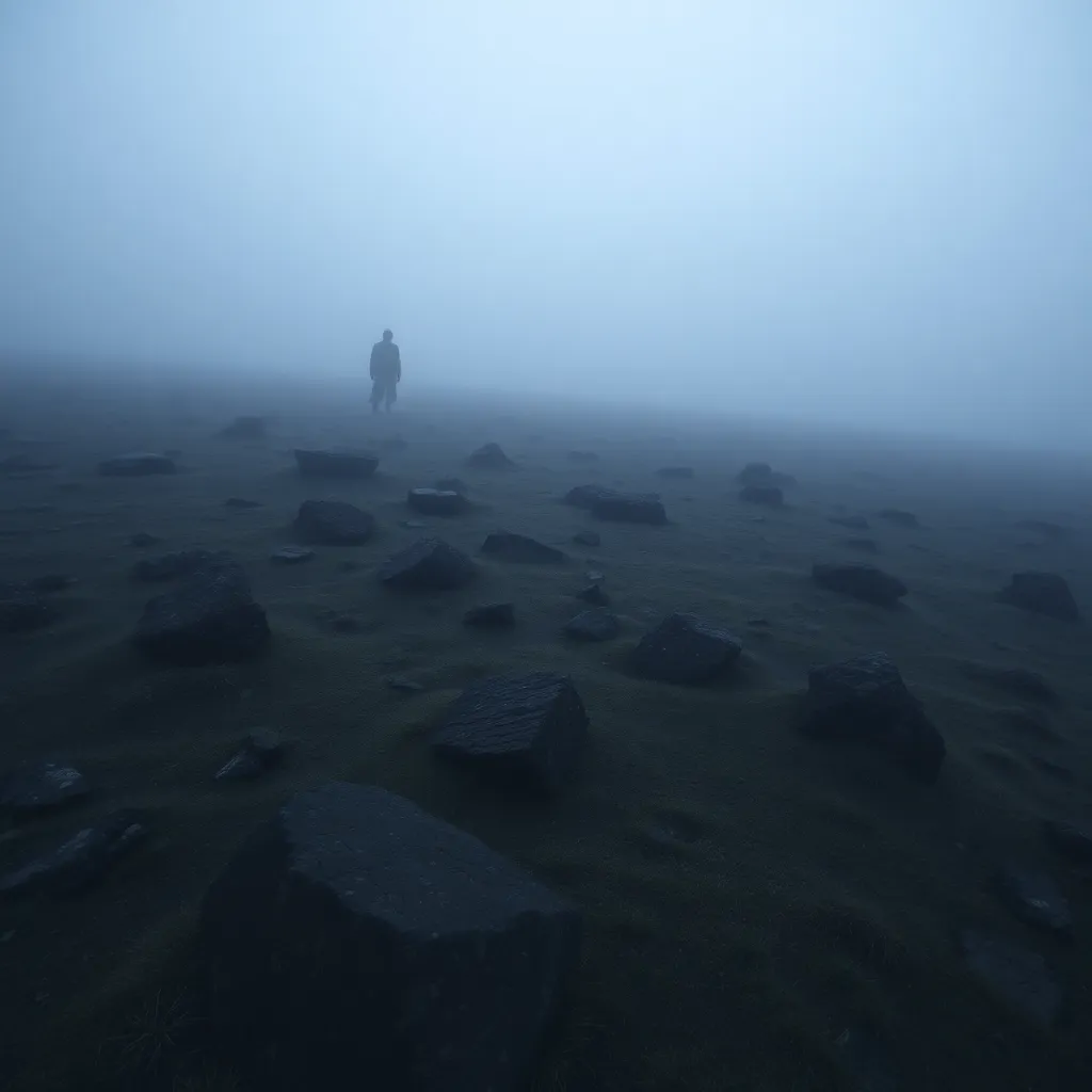 A mysterious foggy landscape with a lone figure standing in the distance.