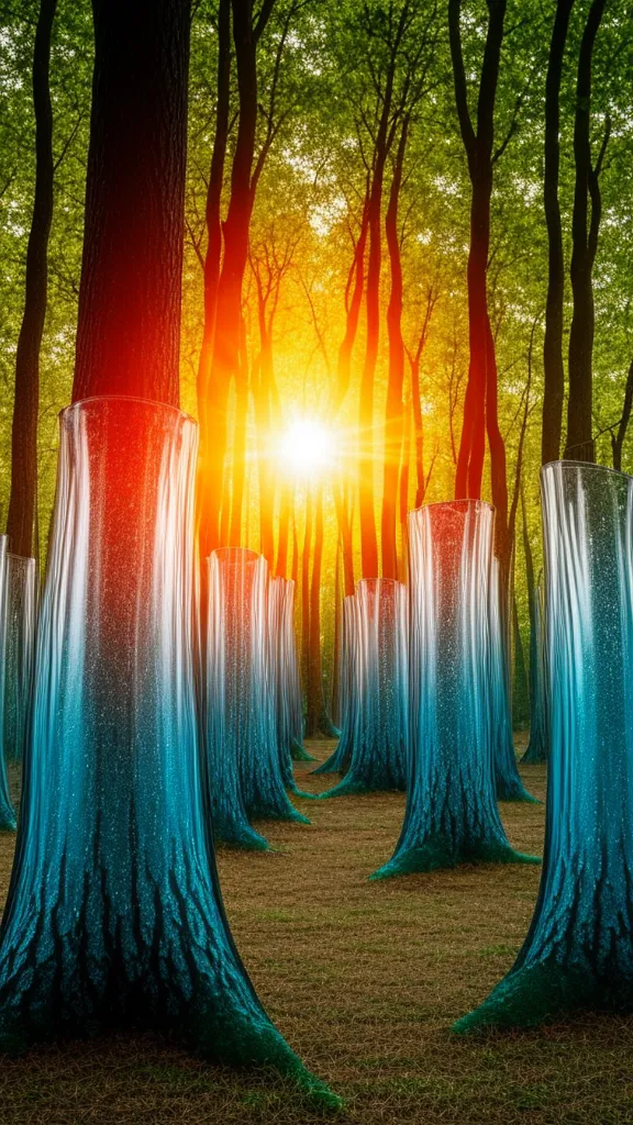 A surreal forest scene with blue trees and a bright light shining through.