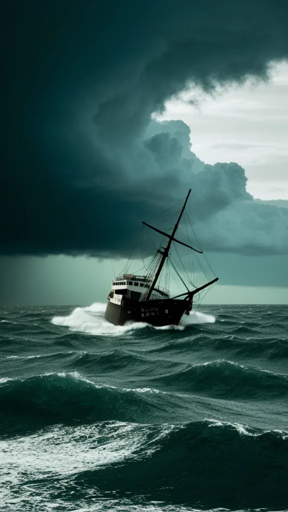 A stormy ocean with a ship sailing through the waves.