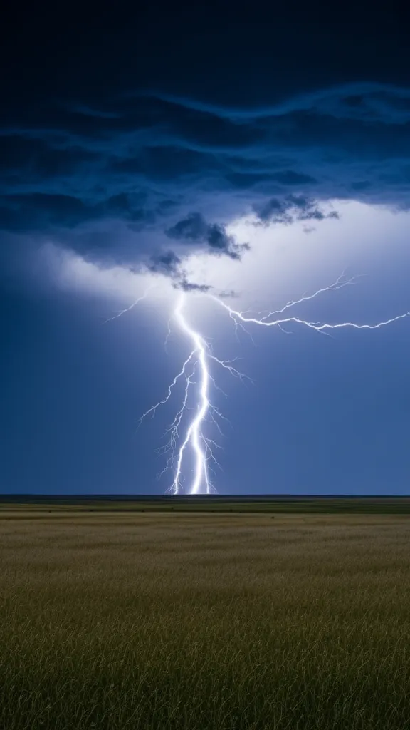 A dramatic landscape with a lightning strike over a field.