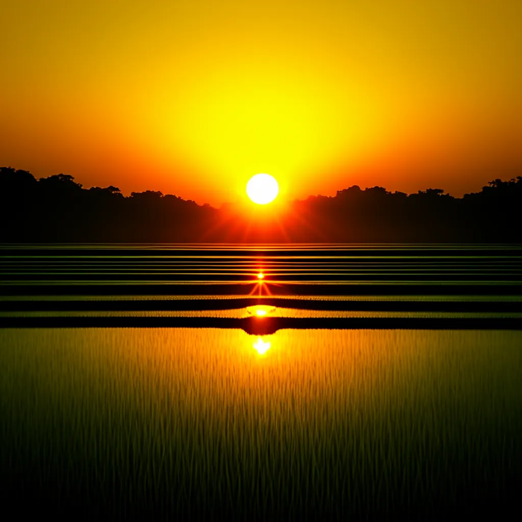 A beautiful sunset reflected on a calm lake.