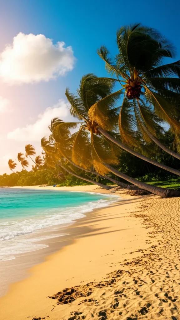 A tropical beach with palm trees swaying in the breeze.