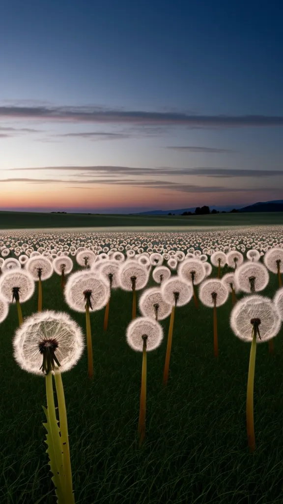 A field of white dandelions blowing in the wind at sunset.