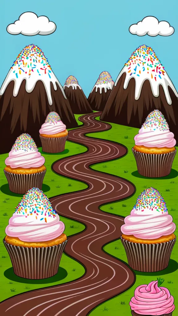 A whimsical landscape with a cupcake-shaped road winding through mountains.