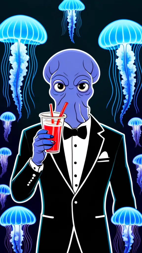 A stylish blue-skinned creature with jellyfish-like tentacles, wearing a tuxedo and sipping a cocktail.