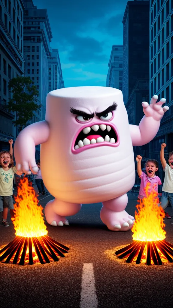 An angry marshmallow monster stomping through a city street, flames erupting from the ground around its feet.