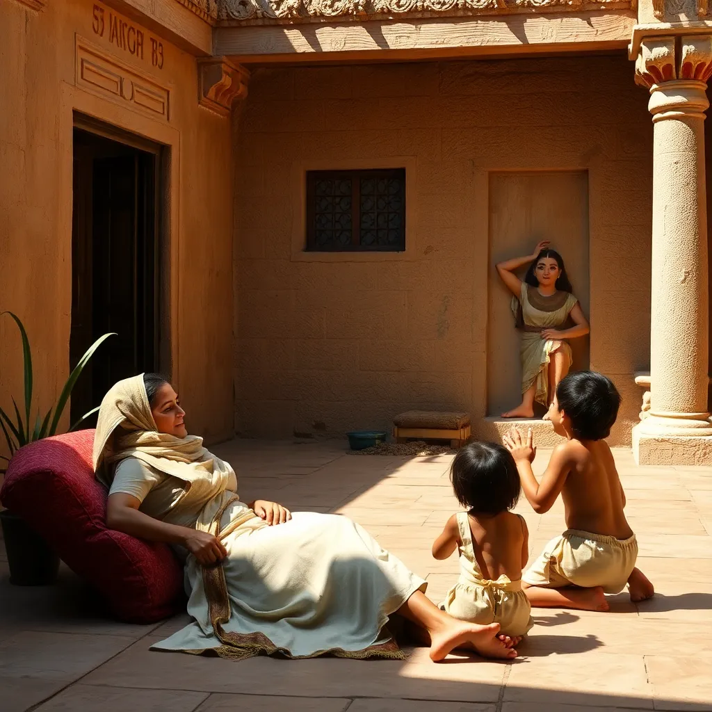 A mother and several children are gathered in a simple outdoor setting. The mother is embracing one child while others are nearby.