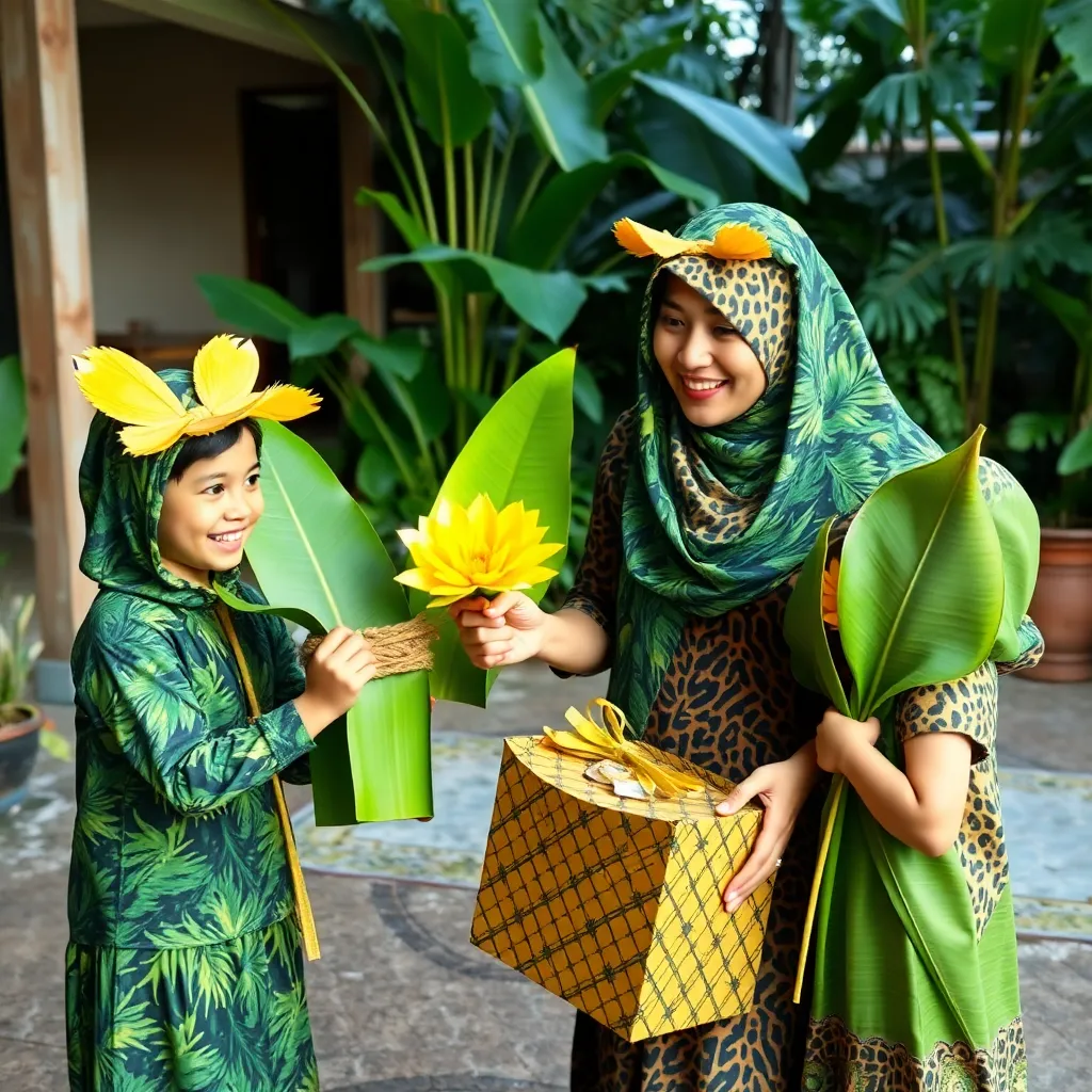A mother and several children, adorned with festive headwear, stand outdoors amidst lush greenery. The mother smiles warmly at one of the children.