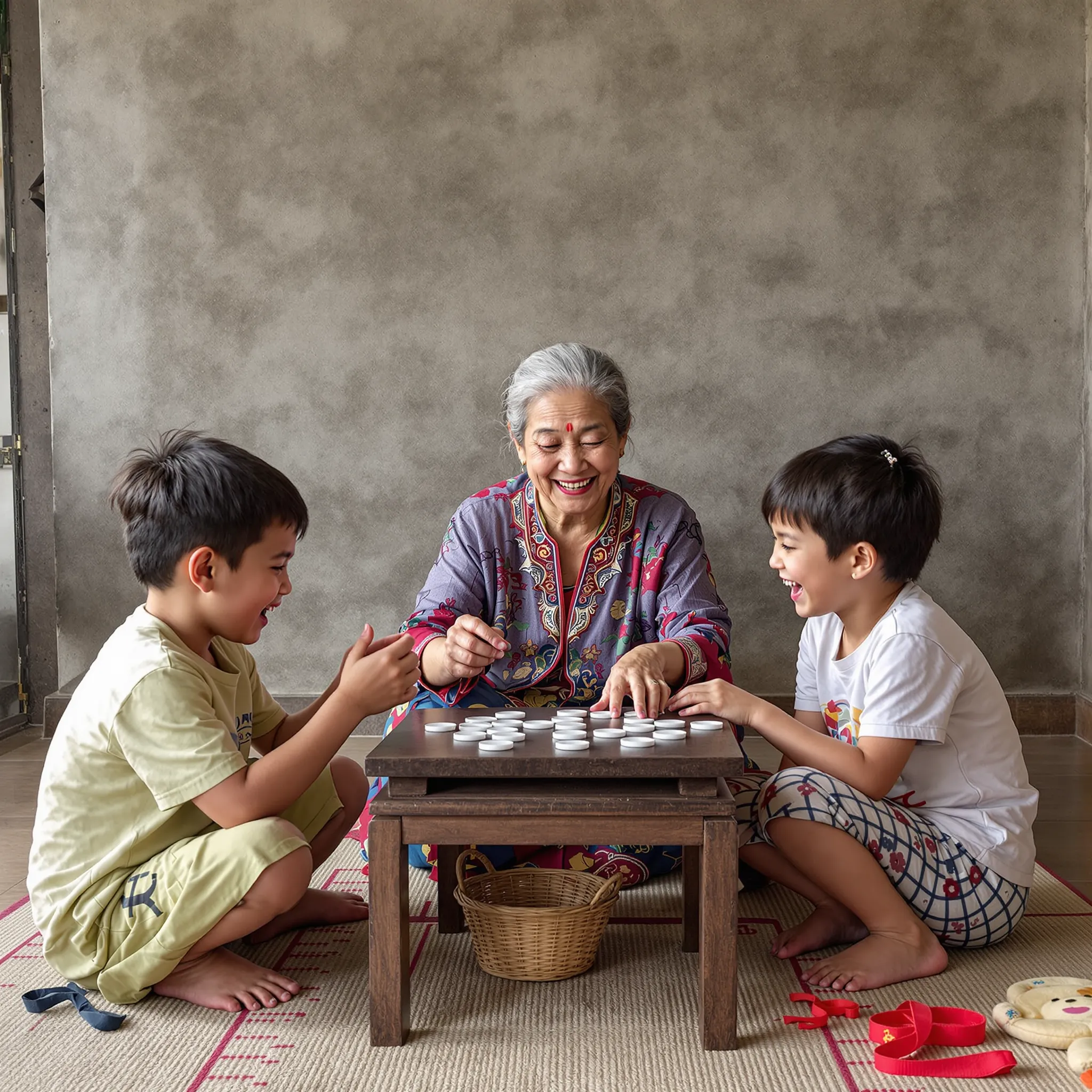 An older woman sits at a low table with several younger people, possibly her children and grandchildren, in a rustic setting. They appear to be engaged in a quiet activity.