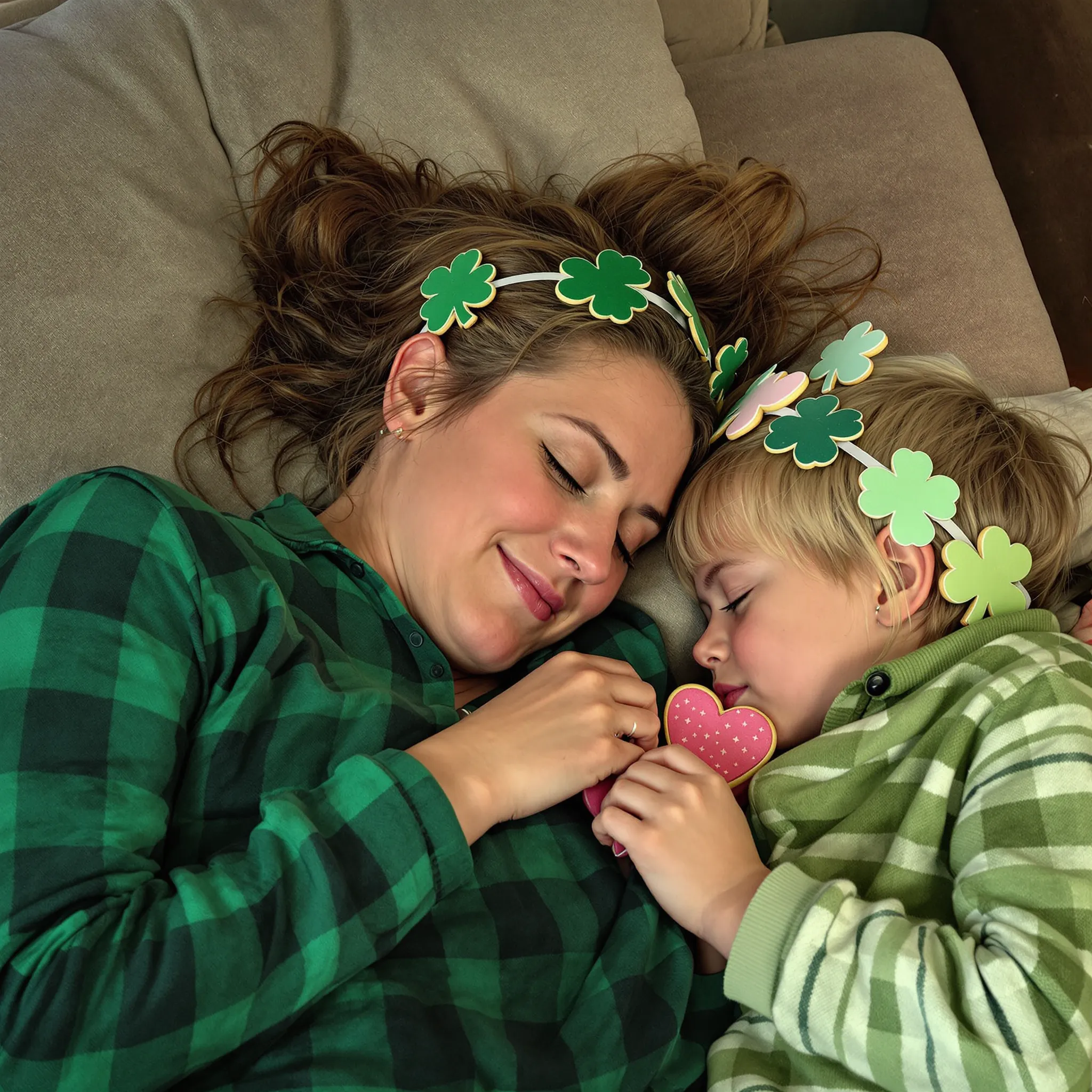 A mother and a young child are lying close together, smiling and looking at each other with affection. They both wear matching floral headbands.