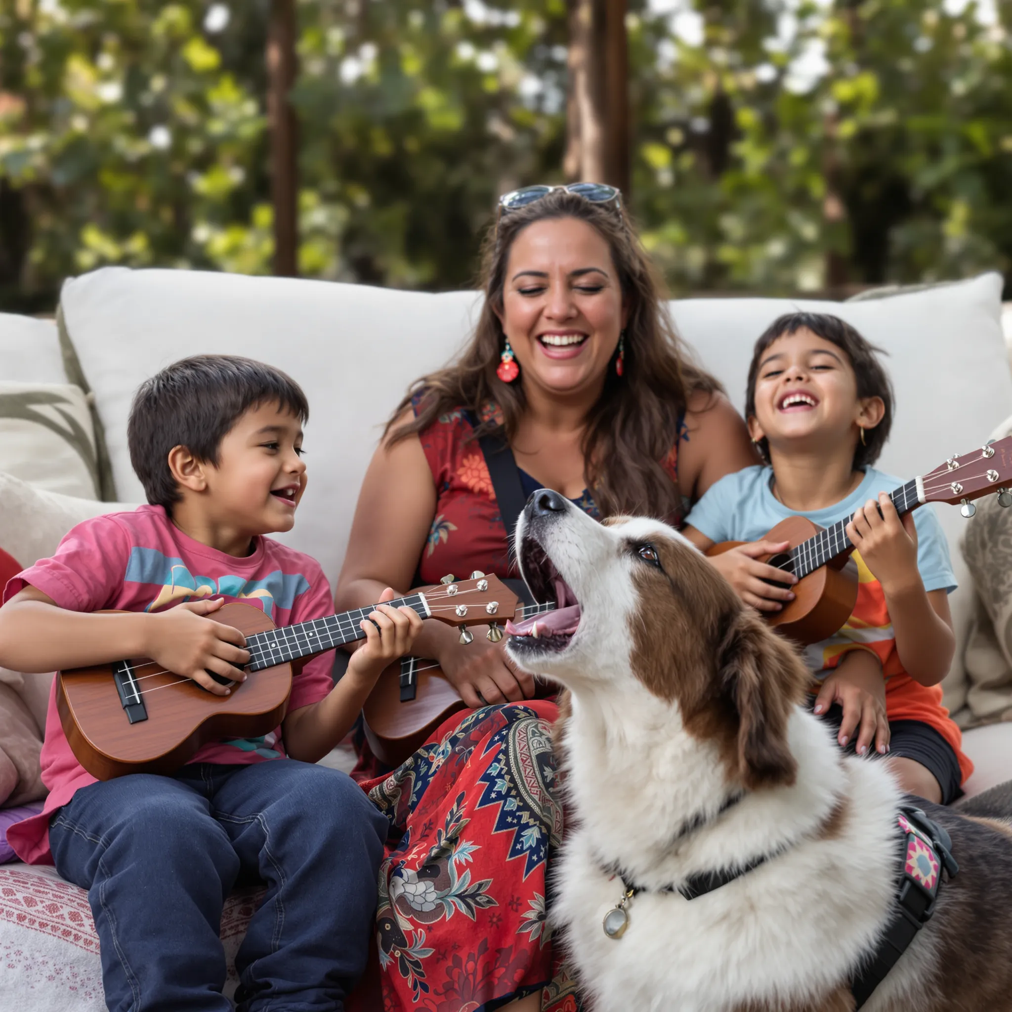 A mother and several children are outdoors in a natural setting. Some of the children are playing musical instruments, and the mother is smiling.