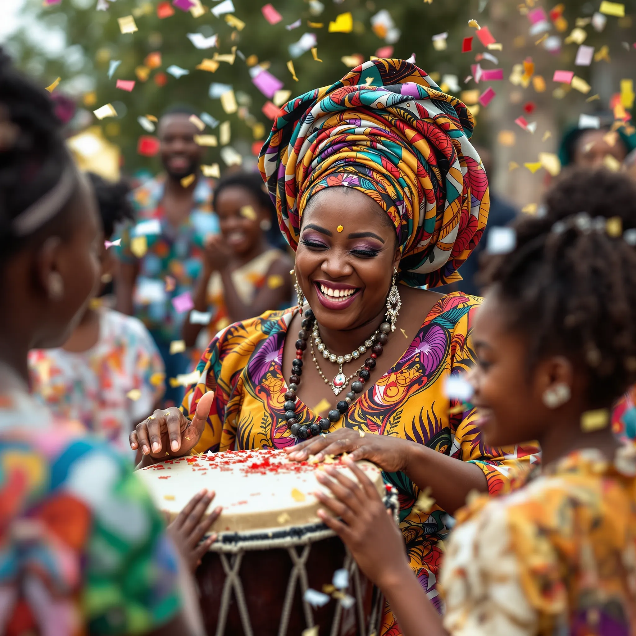 A mother, surrounded by children, is joyfully celebrating, possibly a birthday or holiday, with festive decorations and a cake.A mother, surrounded by children, is joyfully celebrating, possibly a birthday or holiday, with festive decorations and a cake.