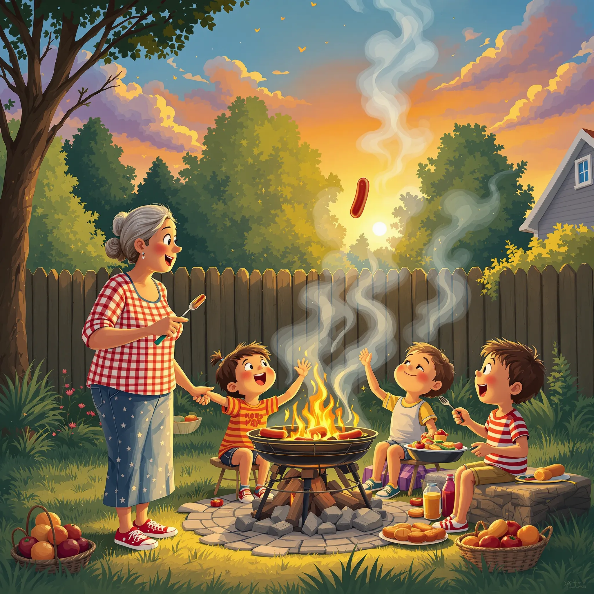 A mother and several children are gathered around a campfire in a whimsical, painted-style illustration, sharing stories or enjoying the evening.