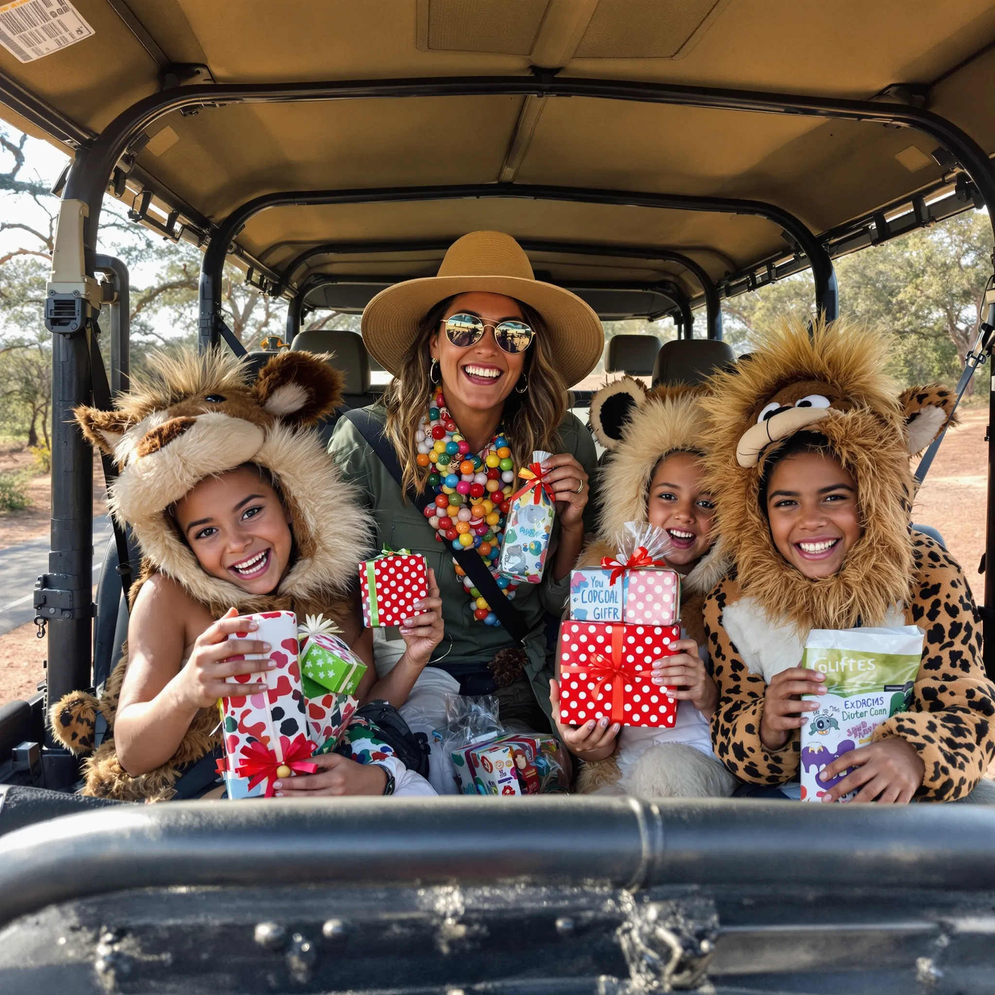 A group of women and children are riding in an open vehicle, possibly on a tour or outing, smiling and enjoying each other's company.