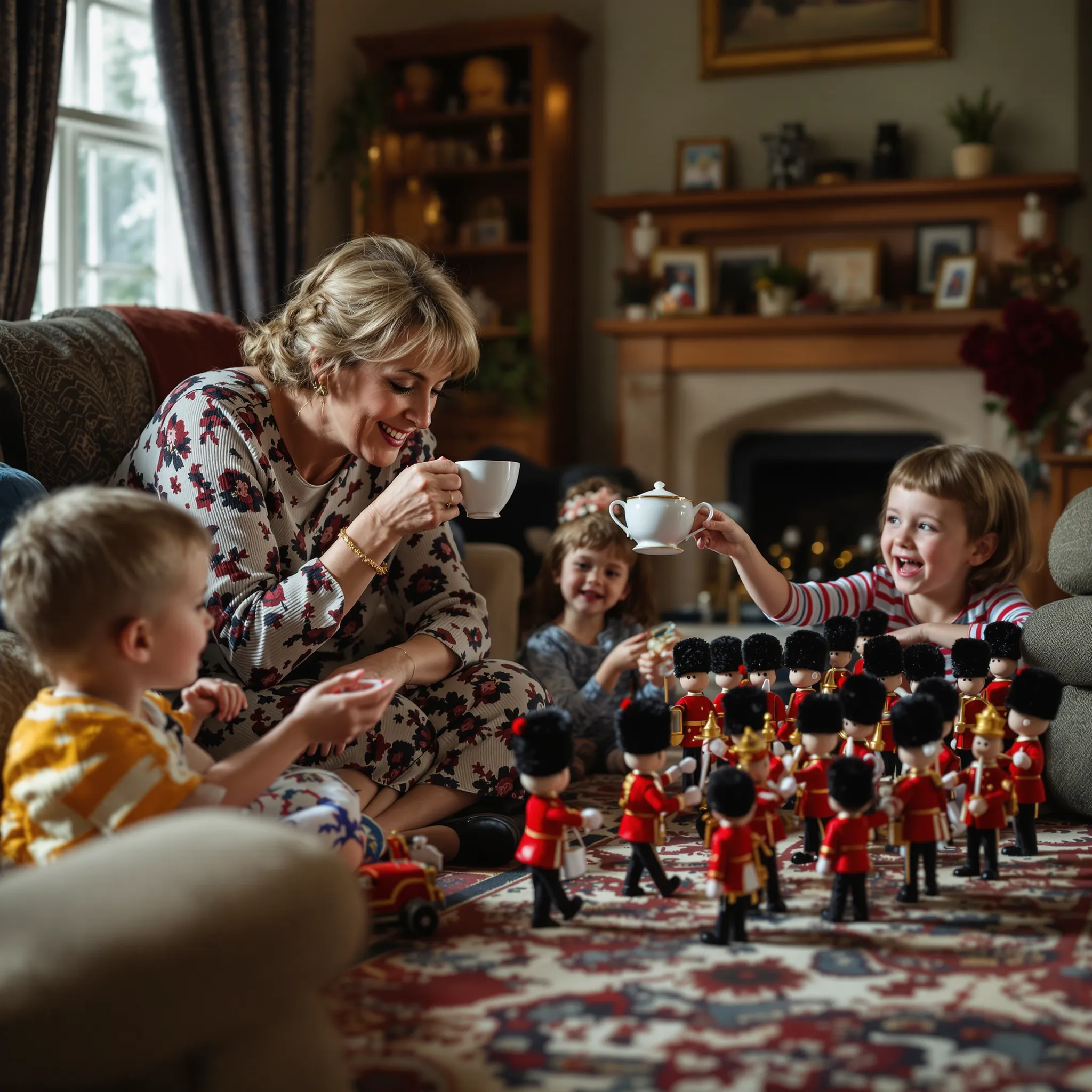 A family, including a mother and several children, are gathered around a festively decorated table indoors, possibly during a holiday meal.