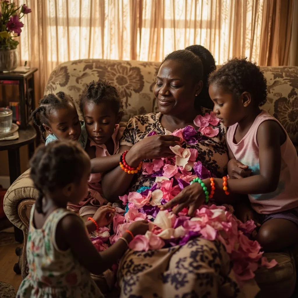 A group of women and children are gathered closely together indoors, sharing a warm and intimate moment. The lighting is soft and inviting.
