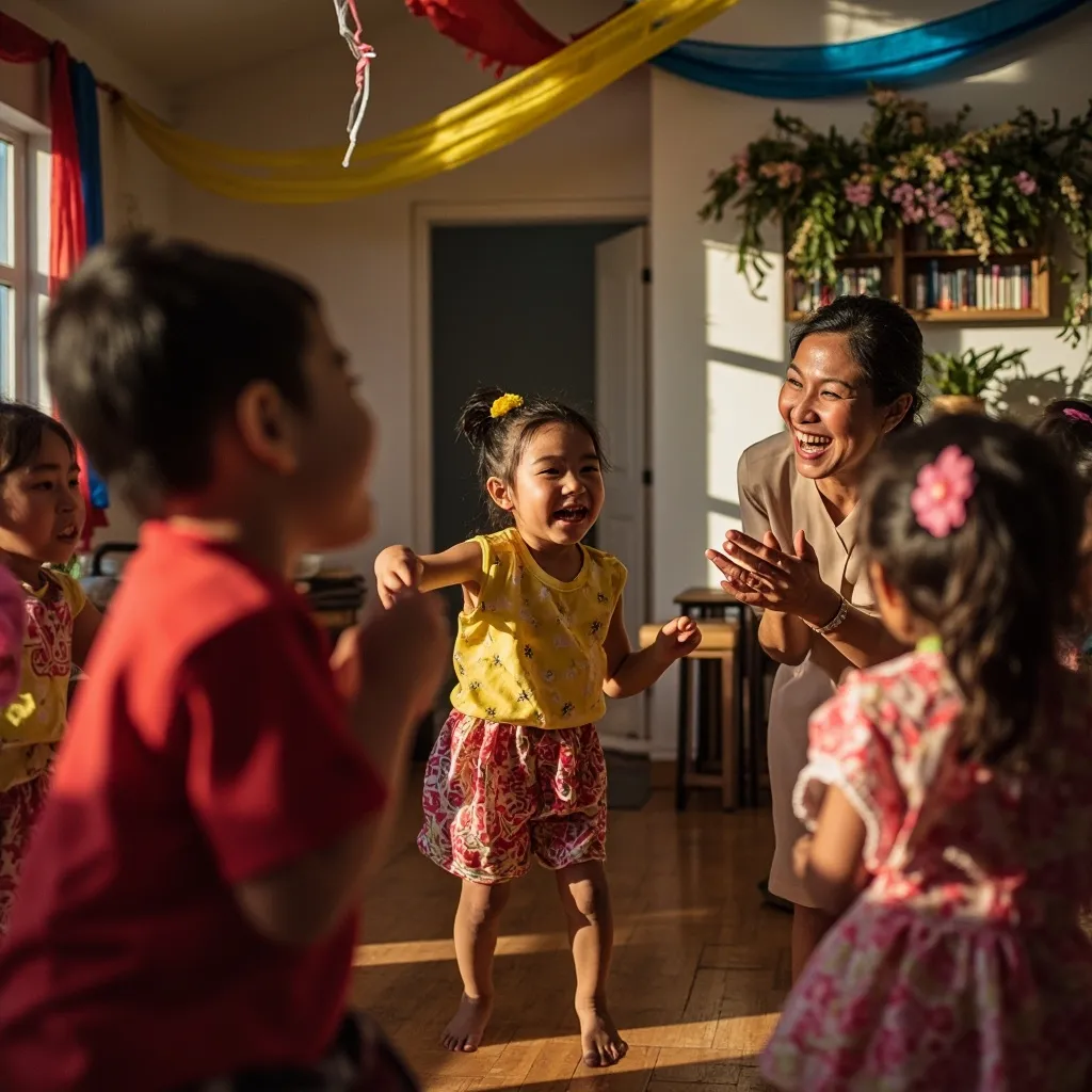A mother and several children are engaged in a festive activity indoors, possibly decorating or celebrating, with colorful decorations visible.