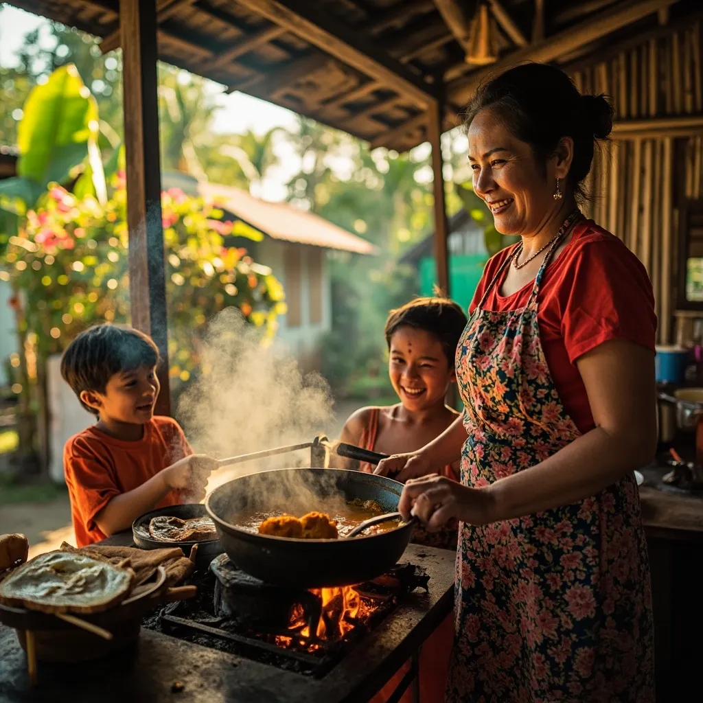 A mother and child are outdoors in a lush, slightly hazy environment, possibly cooking over an open fire, sharing a task and a moment.