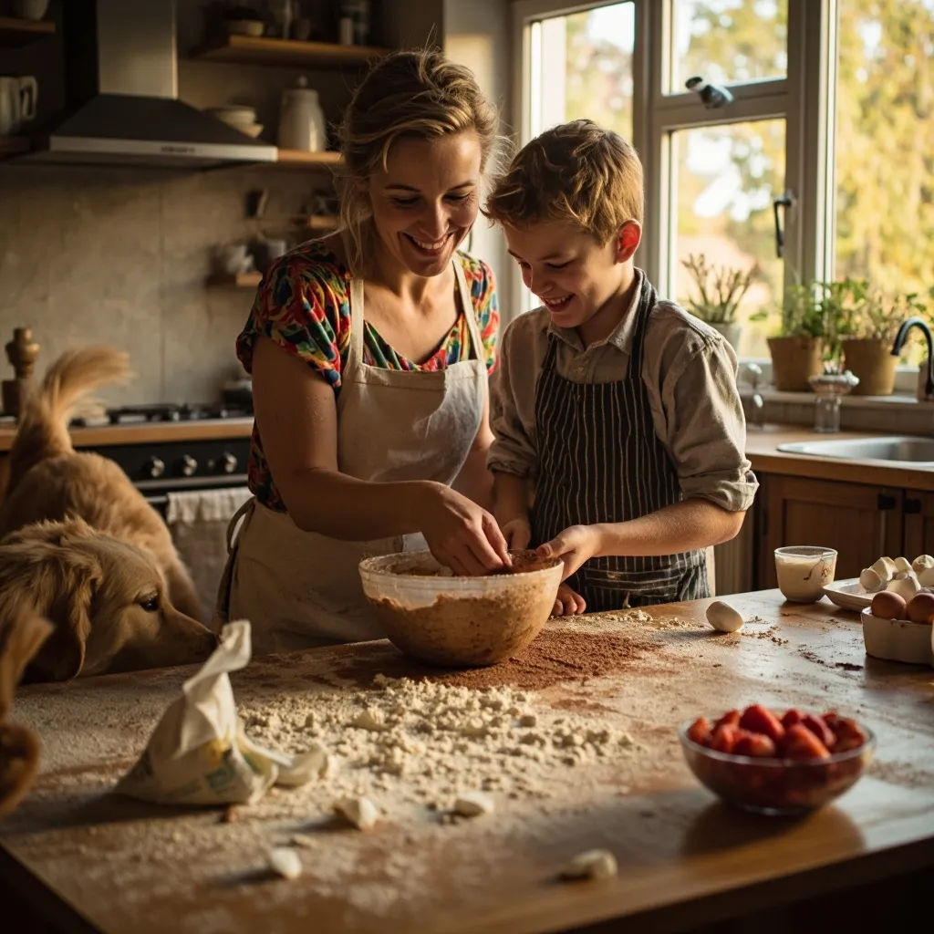 A mother and child are in a cozy kitchen, possibly baking or preparing food together. The scene is warm and domestic.