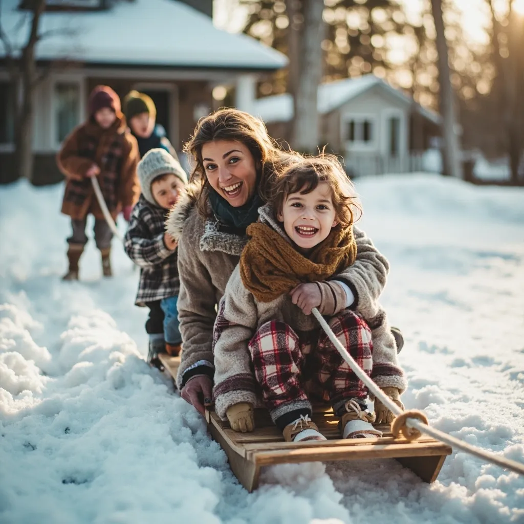 A mother and child are outdoors in a snowy landscape, bundled up warmly, sharing a close embrace.