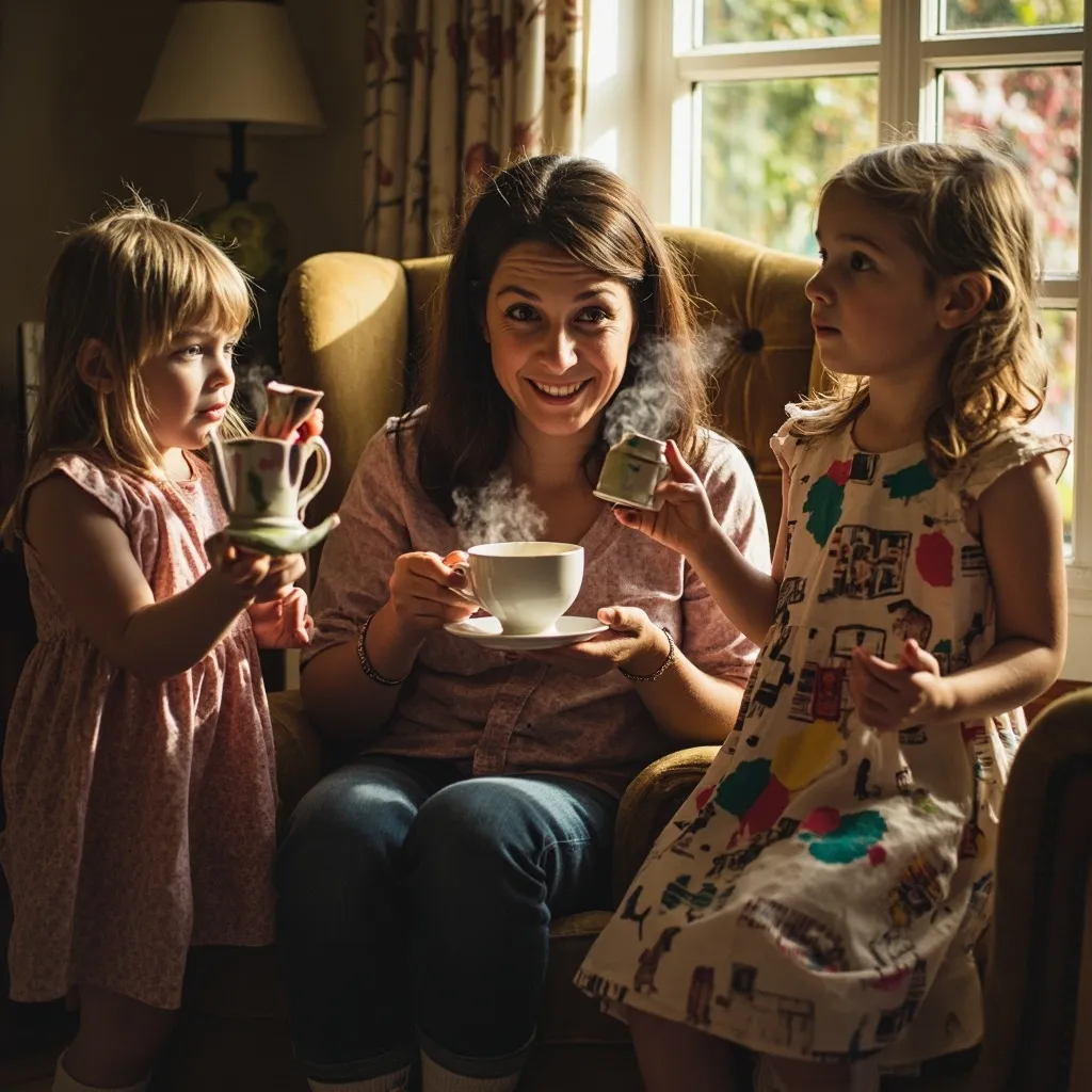 A group of women and children are gathered indoors, sharing a meal or conversation in a warmly lit and inviting space.