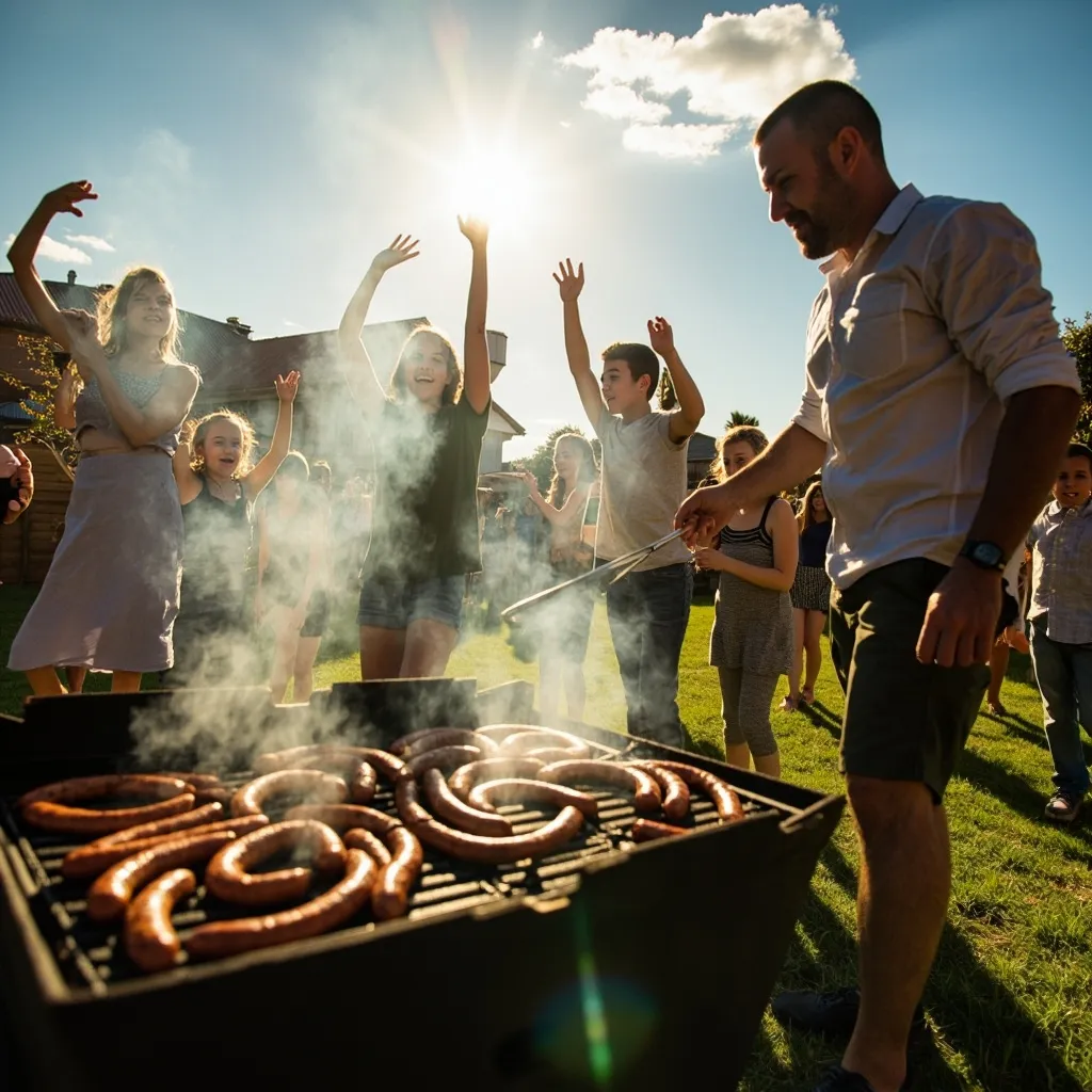 A vibrant and energetic image of a mother and several children outdoors, possibly making food over an open fire with smoke rising. They appear joyful and active.