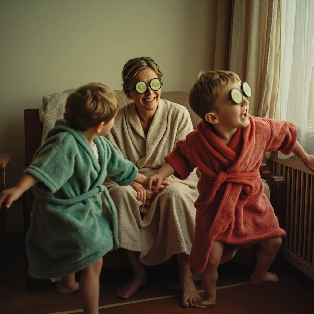 A softly lit indoor scene of a mother and several children dancing or playing together, captured in a slightly blurred motion, conveying joy and movement.