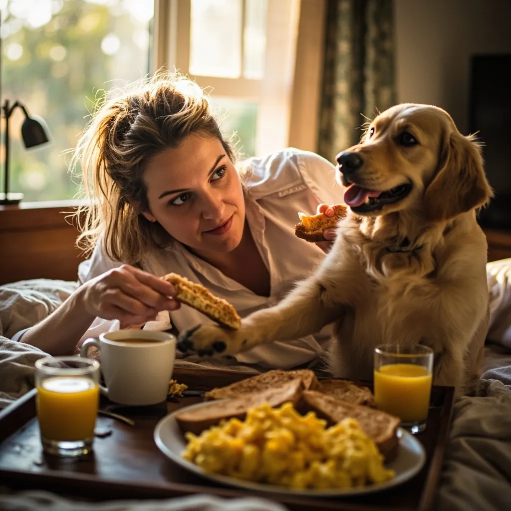 A bright and airy image of a mother and child enjoying a meal together at a sun-drenched table, with a dog playfully interacting with them.