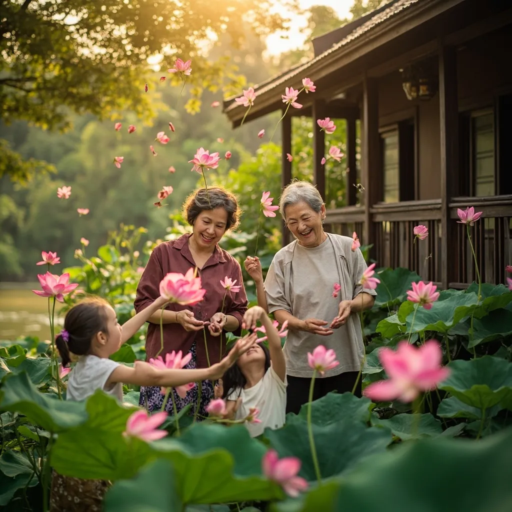 A serene outdoor setting with a mother and several children sitting and interacting peacefully near a pond with blooming lotus flowers.