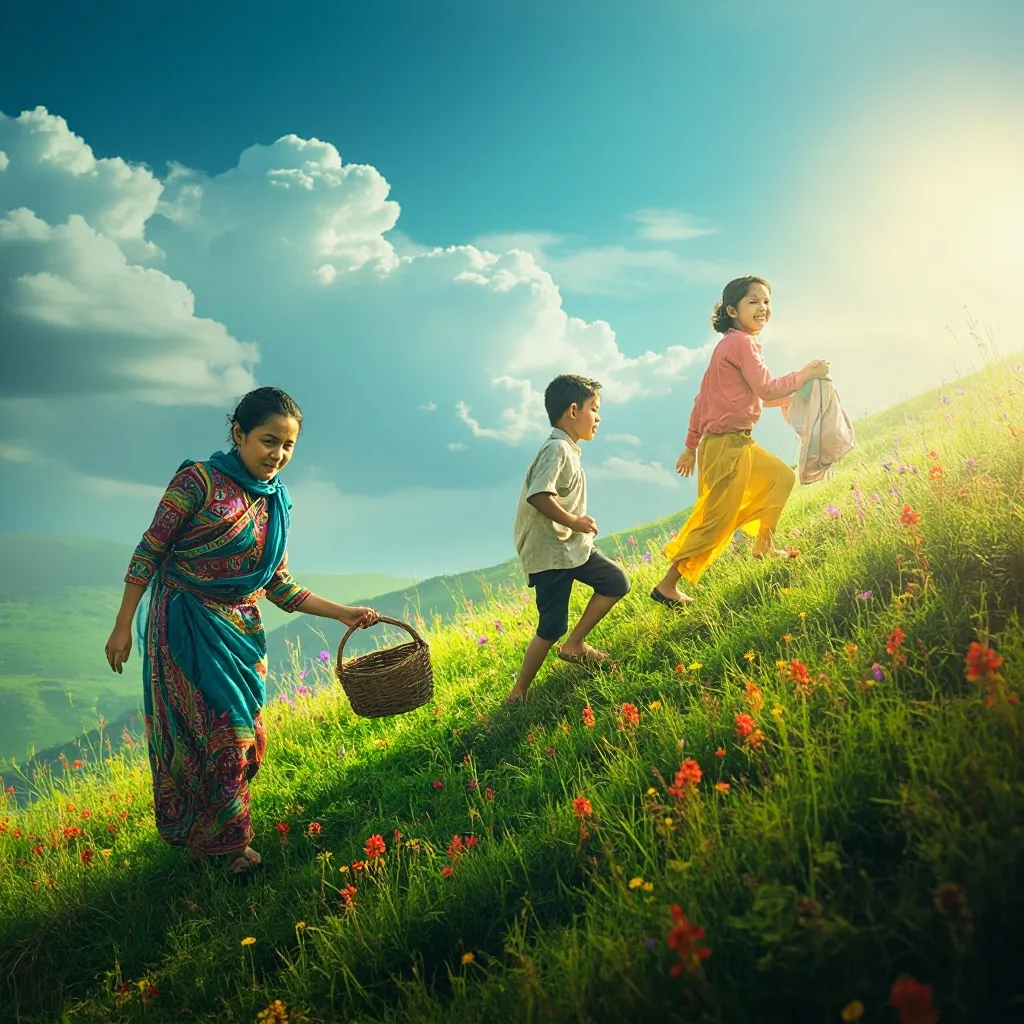 A whimsical and dreamlike image of a mother and children playing or walking through a field of vibrant flowers under a bright, stylized sky.