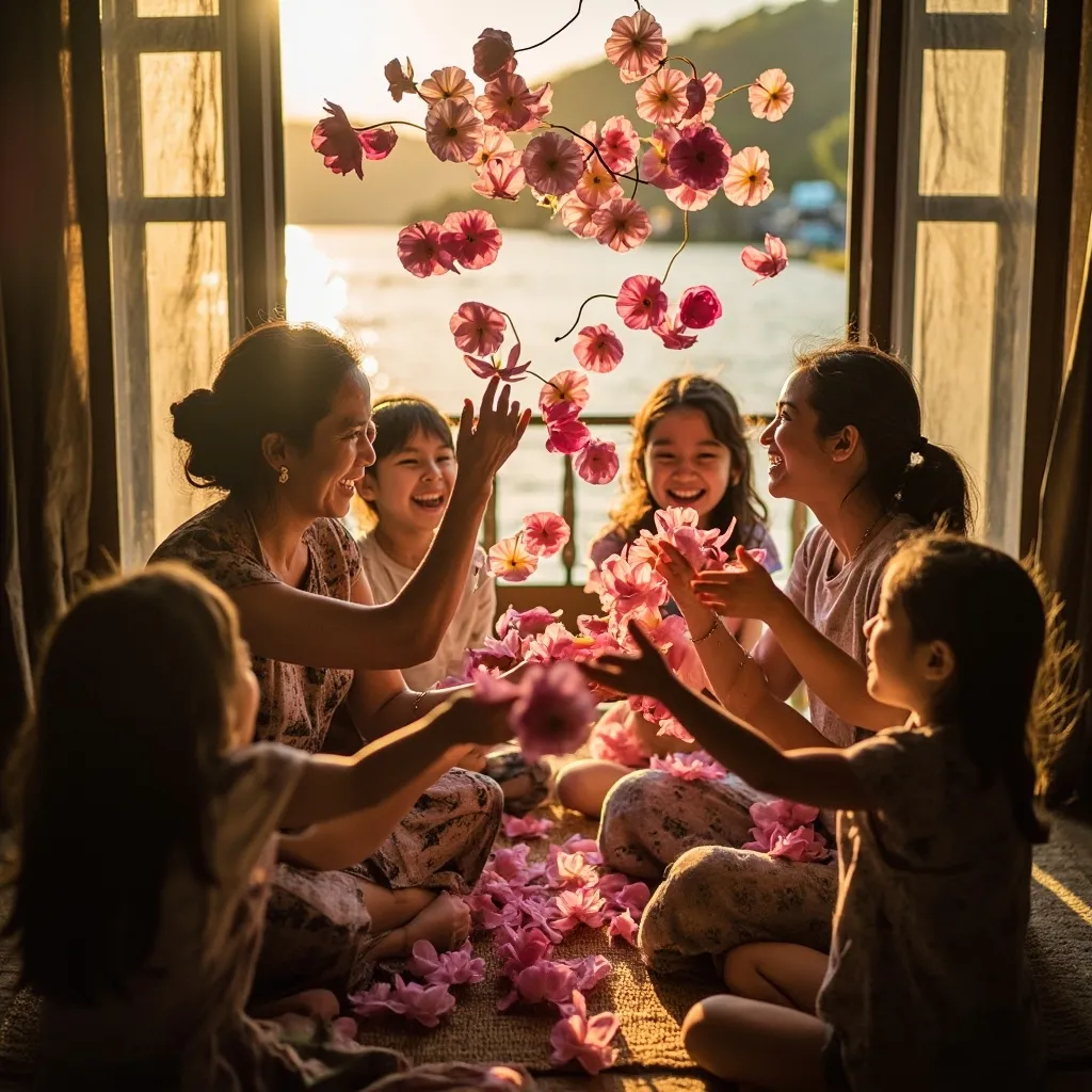 A warmly lit indoor scene with a mother surrounded by children, possibly at a celebratory gathering with flowers and decorations.