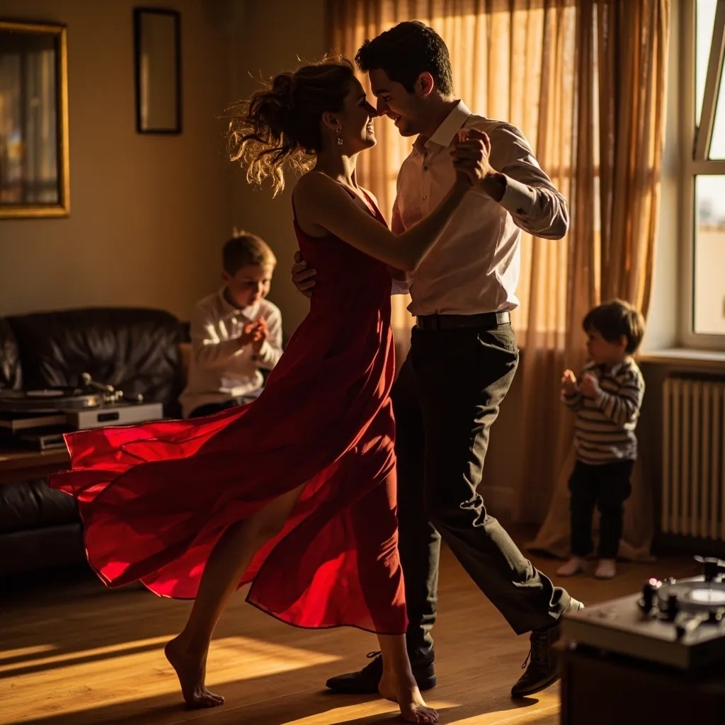 A mother and child are dancing gracefully in a softly lit room, their movements conveying affection and joy.