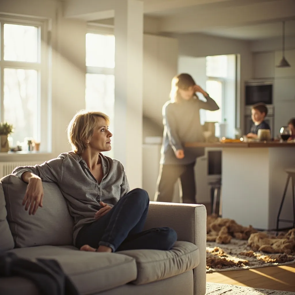 A mother and child sit peacefully in a sunlit, sparsely furnished room. The mother looks towards the child with a gentle expression.