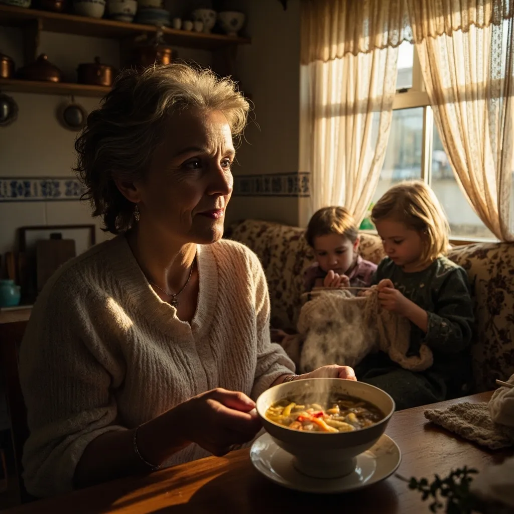 A cozy indoor setting with a mother and children gathered around a table, sharing a meal and conversation in warm lighting.