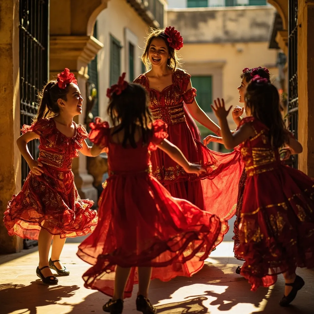 A vibrant and dynamic image of a mother and children in brightly colored clothing, possibly dancing or celebrating outdoors in a sunny setting.