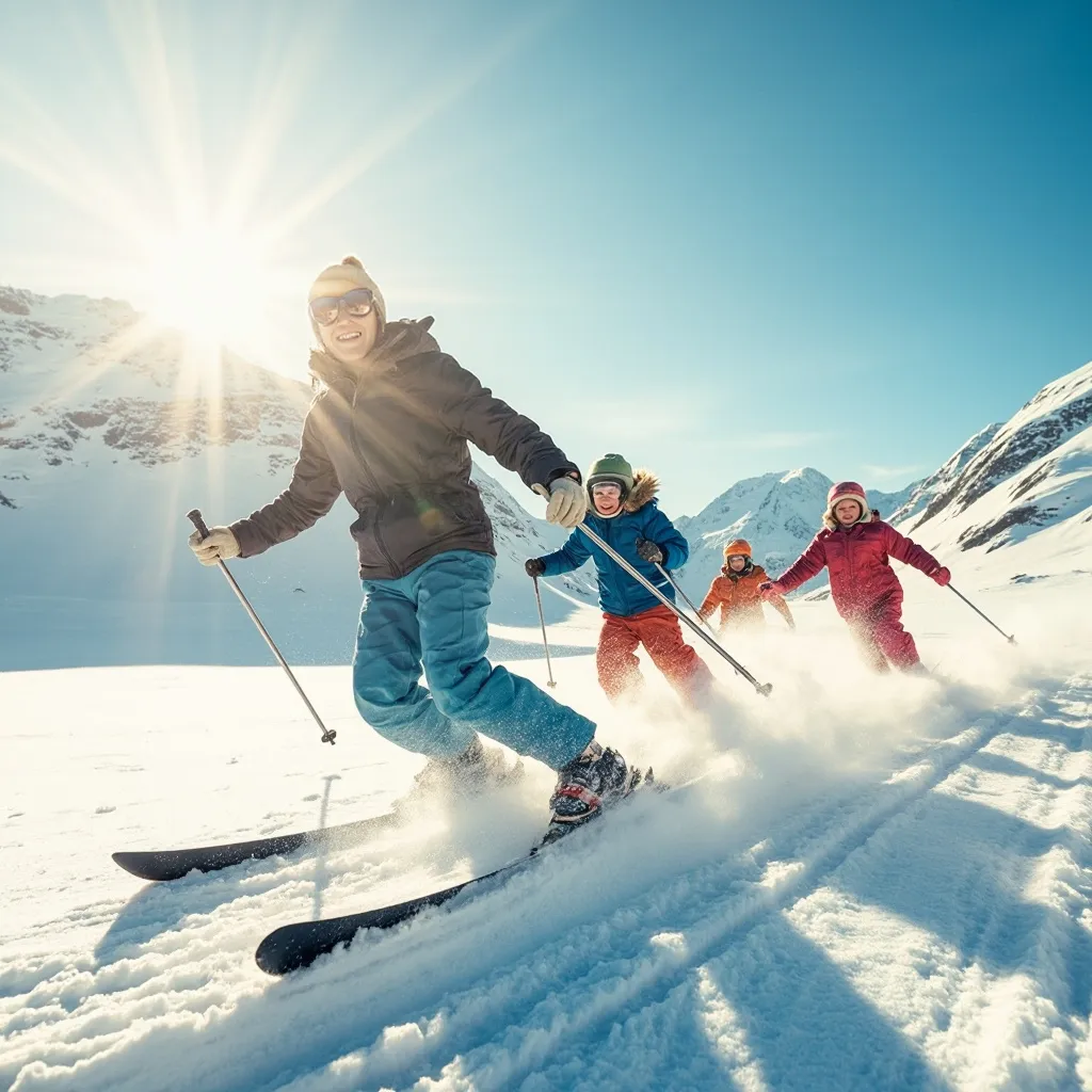 A dynamic outdoor winter scene of a mother and child skiing down a snowy slope, conveying adventure and shared experiences.