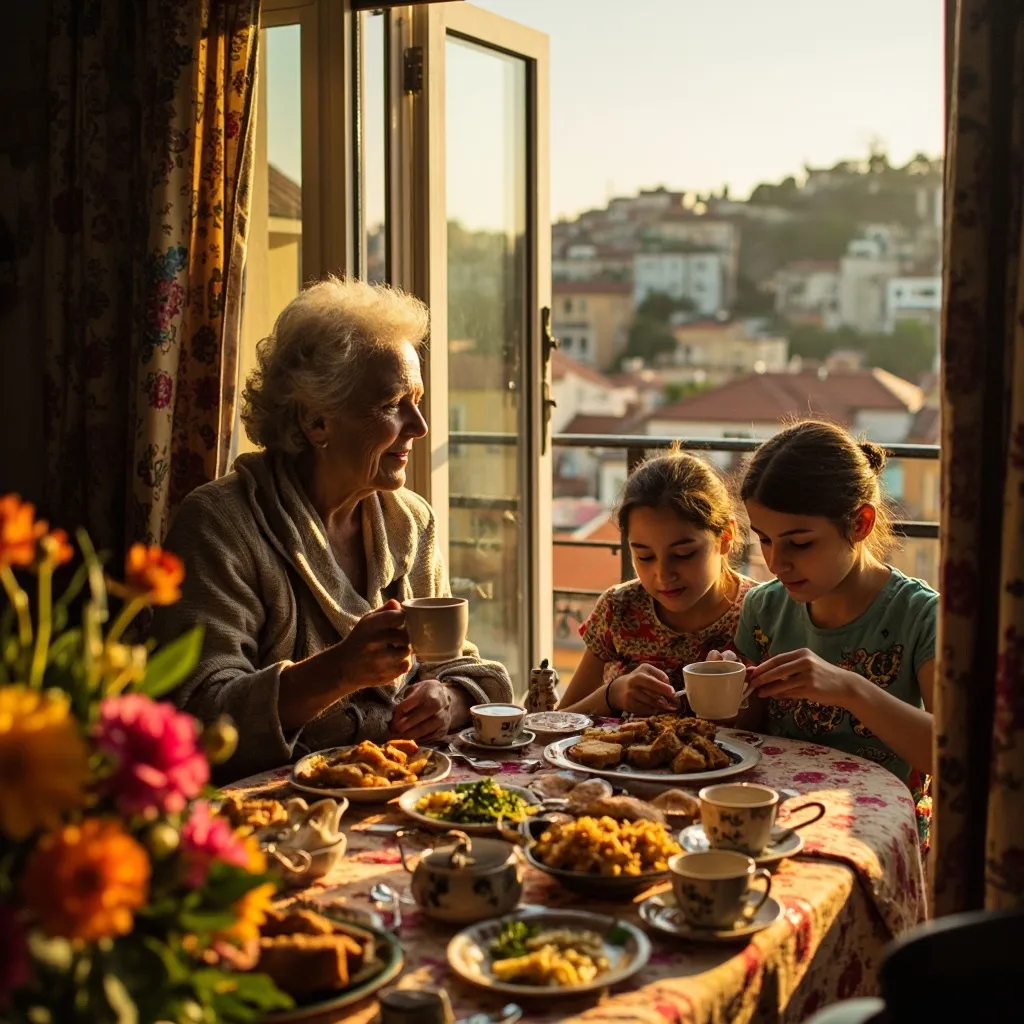 A picturesque outdoor scene with a mother and children gathered around a beautifully set table overlooking a scenic view, possibly enjoying a meal together.