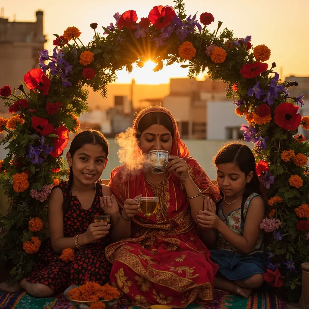 A softly focused image of a mother and children standing under a floral archway, possibly at a special event, bathed in warm, golden light.