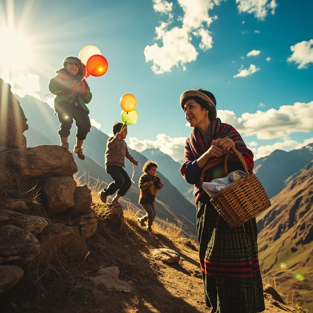 A brightly lit outdoor scene with a mother and several children climbing rocks, one child holding a balloon, suggesting a fun adventure together.
