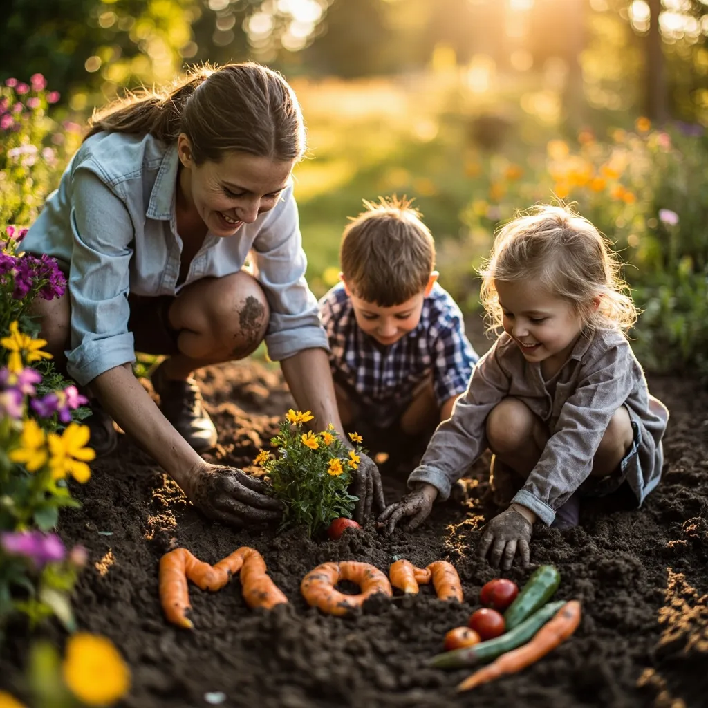 A warmly lit outdoor setting with a mother and children gathered around flowers spelling out 