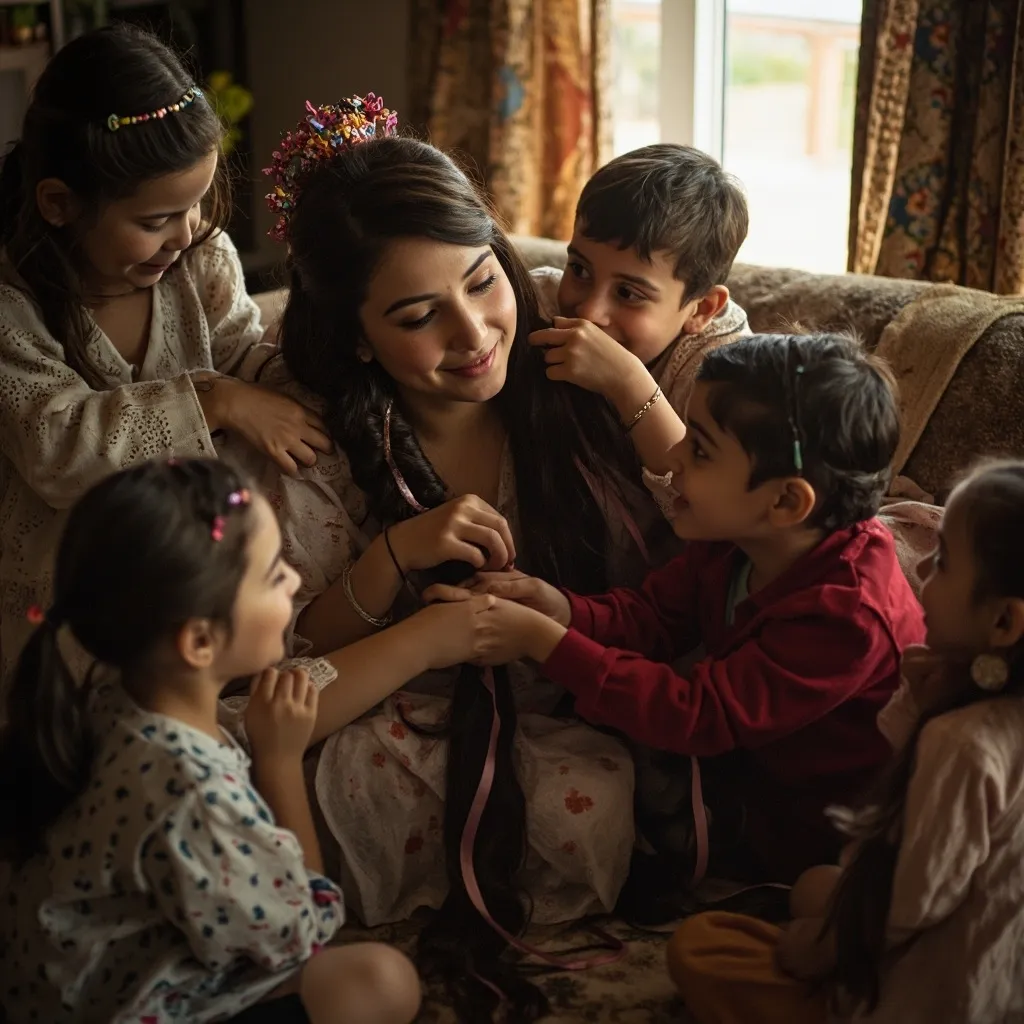 A cozy indoor scene with a mother and children snuggled together on a couch, sharing a warm and intimate moment.