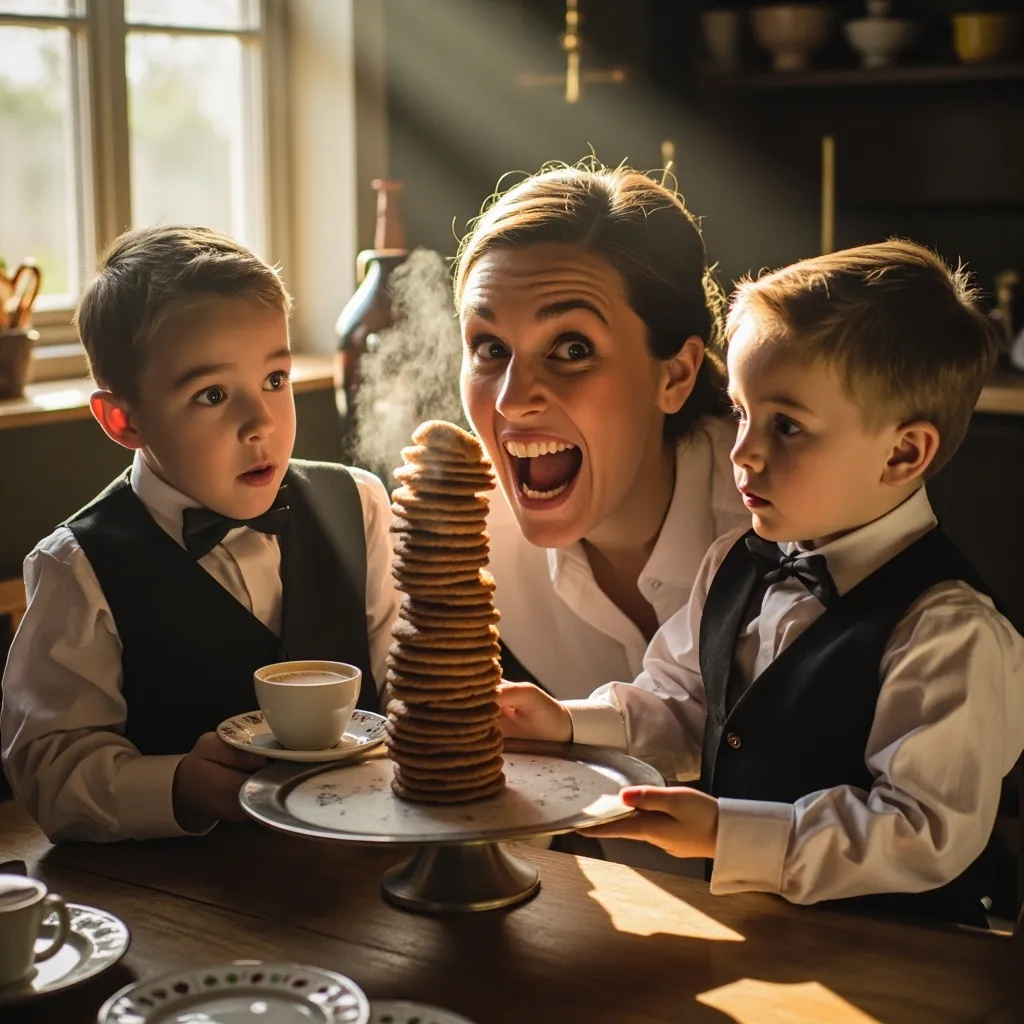 A softly lit indoor scene of a mother and children sitting at a table, possibly enjoying a meal or conversation, with a gentle and loving atmosphere.