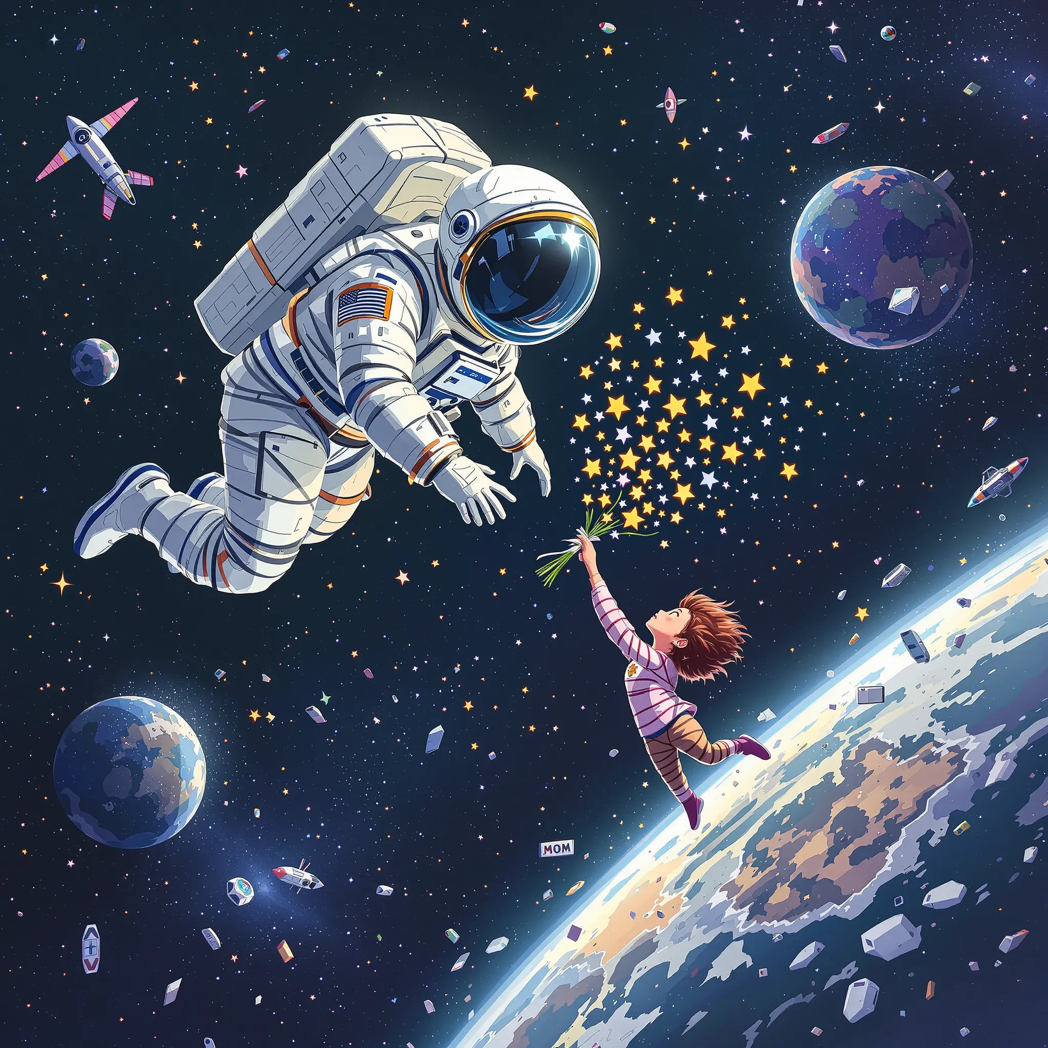 A whimsical and imaginative image of a mother astronaut floating in space with children among stars and planets, conveying a sense of boundless love and dreams.