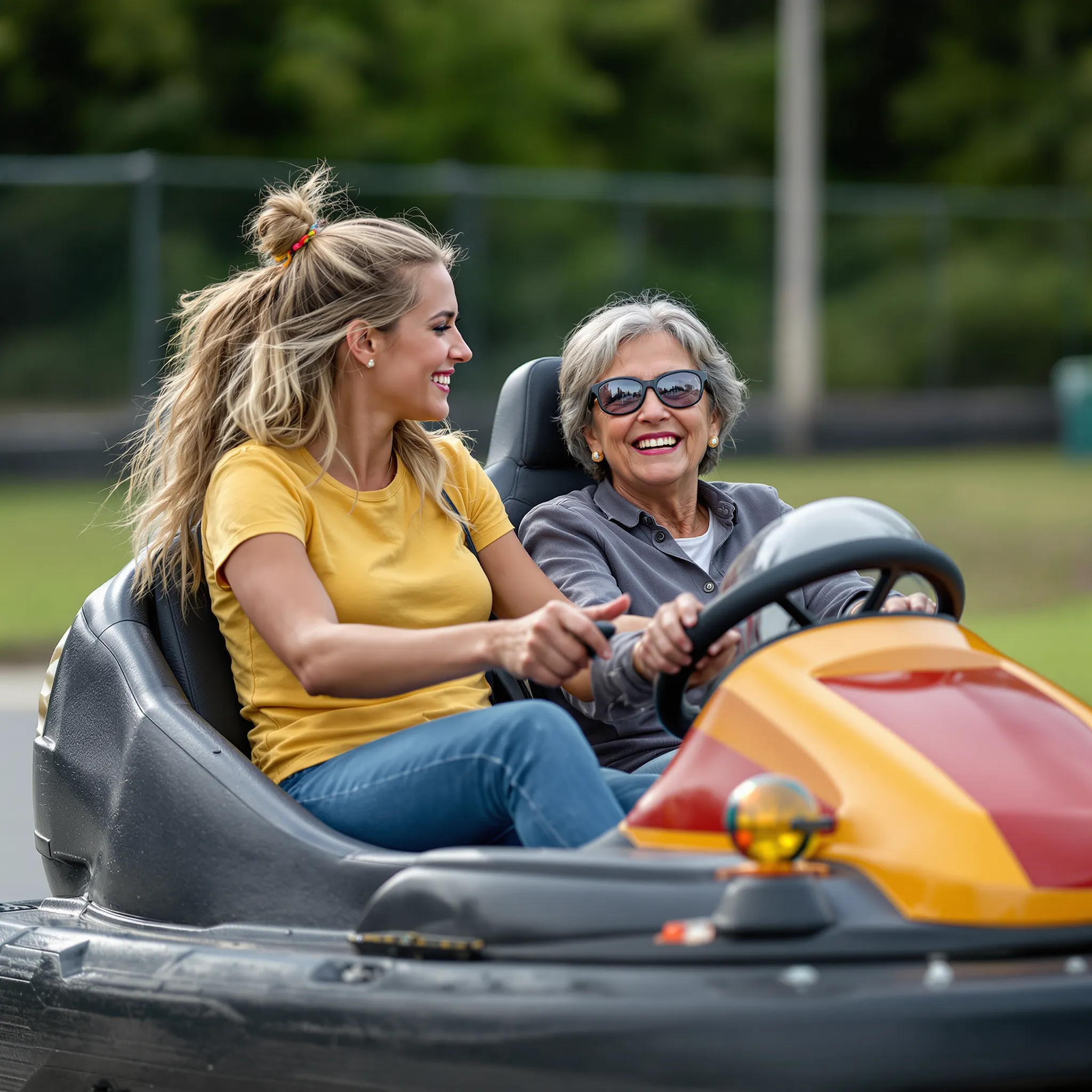 A cheerful outdoor scene of a mother and child riding in a small amusement park car, both smiling and enjoying the fun together.