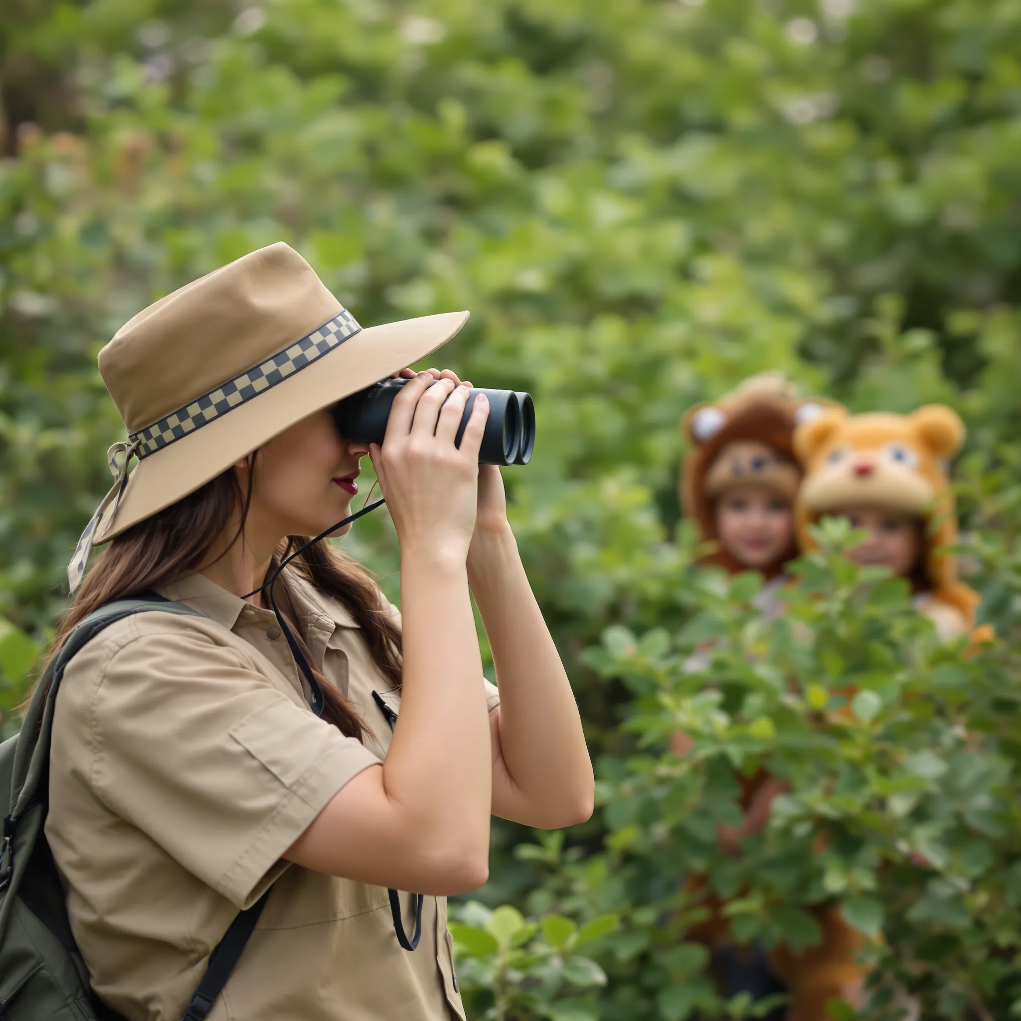 A natural outdoor setting with a mother and child observing wildlife through binoculars, suggesting a shared curiosity and appreciation for nature.