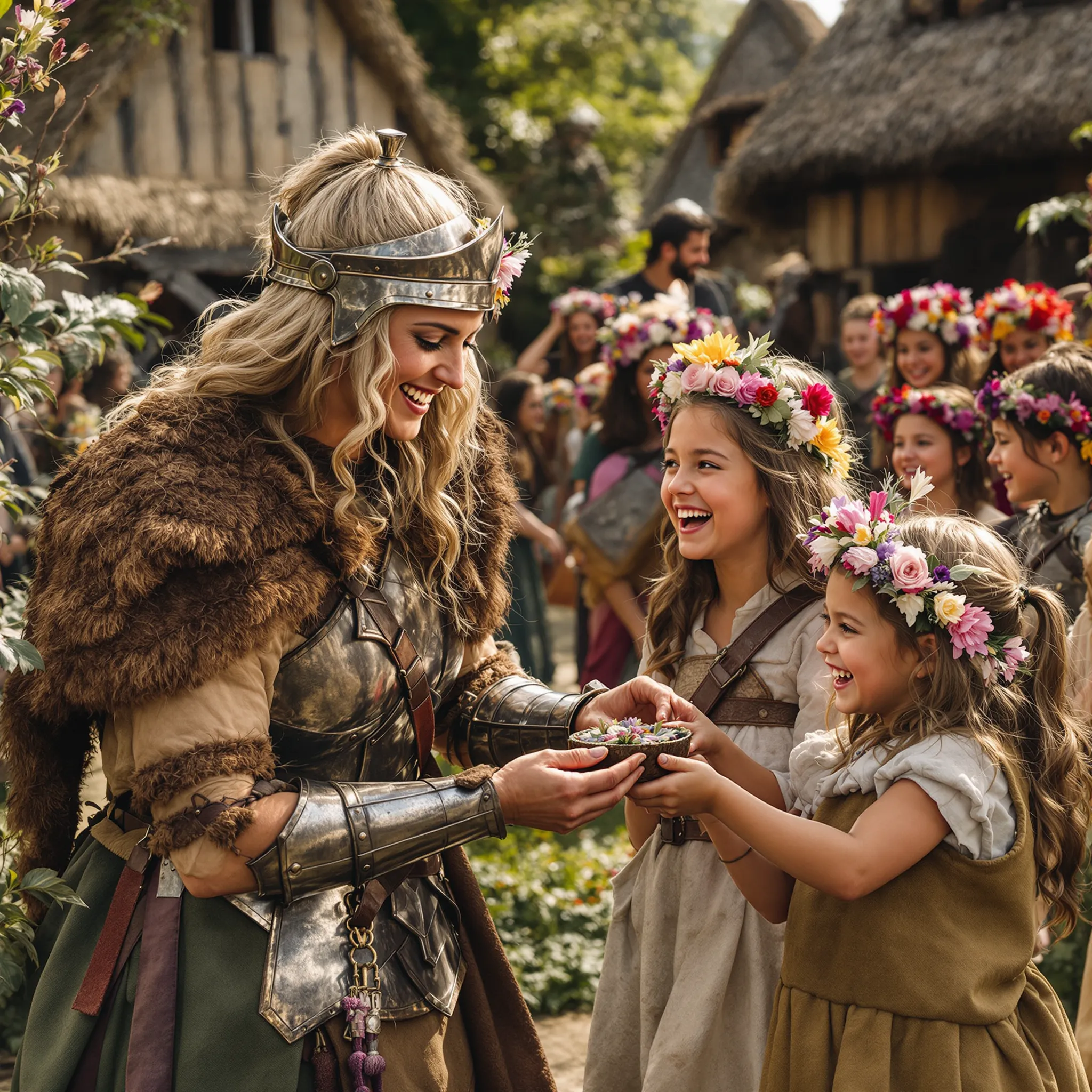 A whimsical scene of a mother dressed in fantastical attire, surrounded by children in a similarly imaginative setting, possibly a fantasy world.