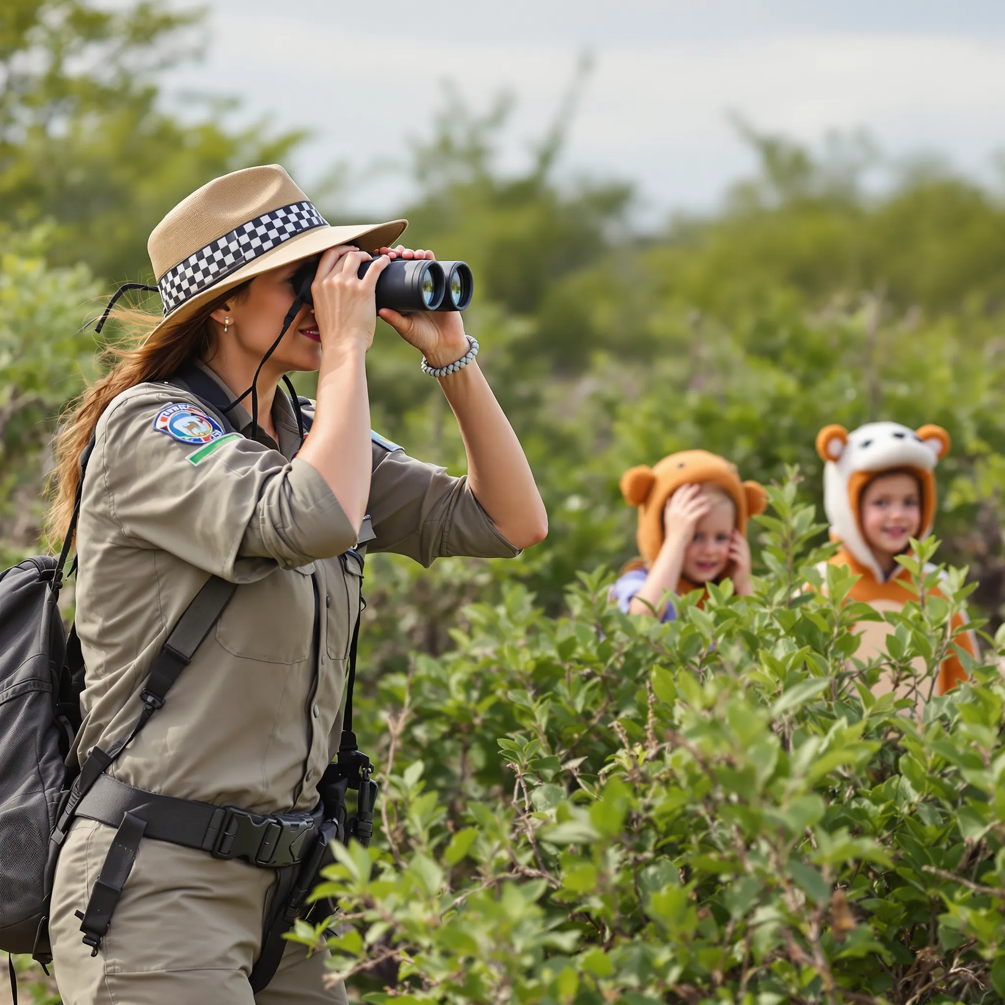 A mother and child are looking through binoculars in a lush, natural outdoor setting, suggesting shared exploration and discovery.