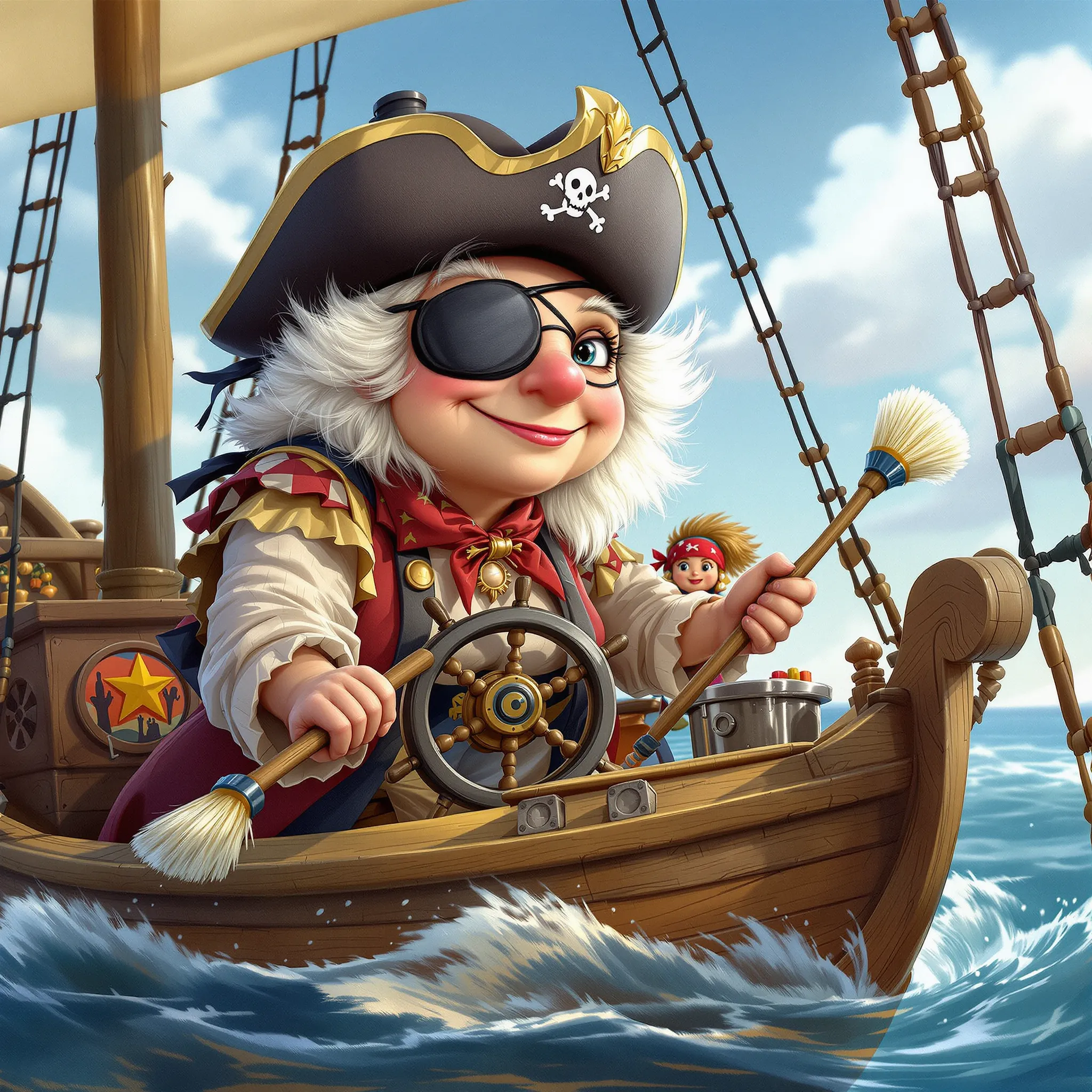 A playful and imaginative illustration of a mother figure as a pirate captain on a ship with children, sailing on a stylized ocean.